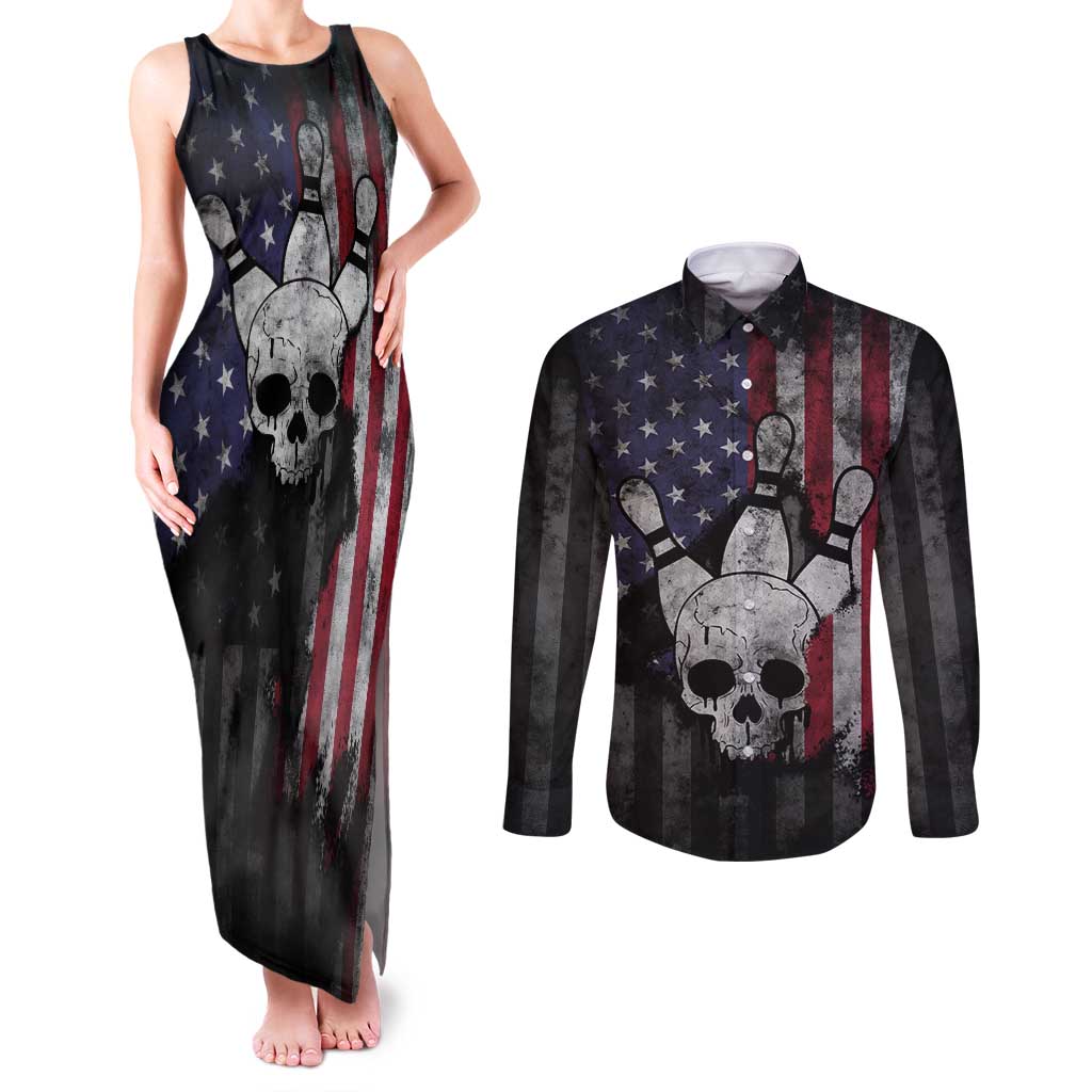 Personalized Skull Bowling Couples Matching Tank Maxi Dress and Long Sleeve Button Shirt Distressed American Flag in Dark Grunge Design - Wonder Print Shop