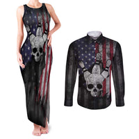 Personalized Skull Bowling Couples Matching Tank Maxi Dress and Long Sleeve Button Shirt Distressed American Flag in Dark Grunge Design - Wonder Print Shop