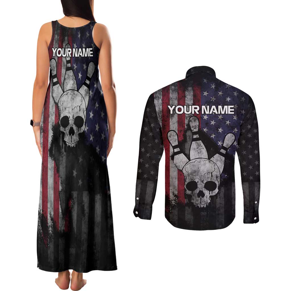 Personalized Skull Bowling Couples Matching Tank Maxi Dress and Long Sleeve Button Shirt Distressed American Flag in Dark Grunge Design - Wonder Print Shop