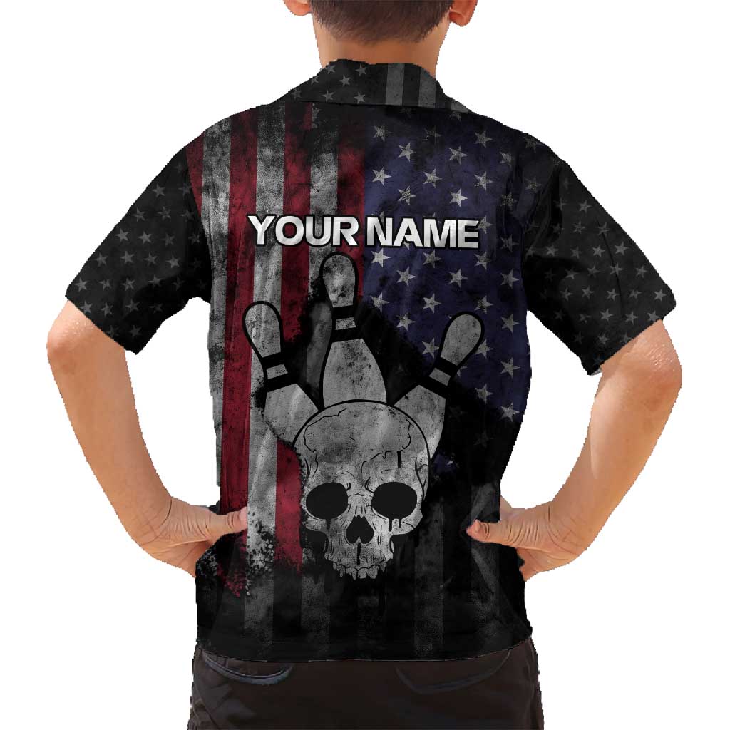 Personalized Skull Bowling Family Matching Long Sleeve Bodycon Dress and Hawaiian Shirt Distressed American Flag in Dark Grunge Design - Wonder Print Shop