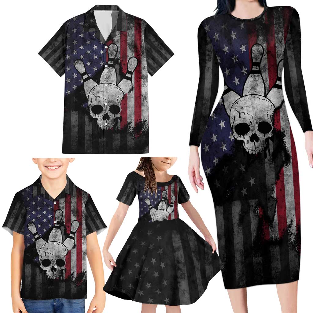 Personalized Skull Bowling Family Matching Long Sleeve Bodycon Dress and Hawaiian Shirt Distressed American Flag in Dark Grunge Design - Wonder Print Shop