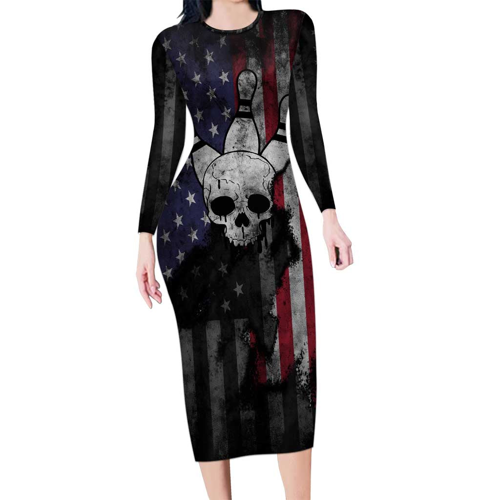 Personalized Skull Bowling Family Matching Long Sleeve Bodycon Dress and Hawaiian Shirt Distressed American Flag in Dark Grunge Design - Wonder Print Shop