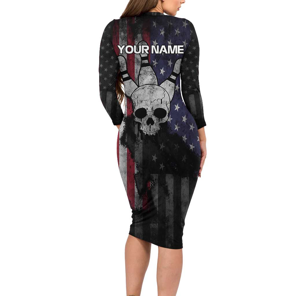 Personalized Skull Bowling Family Matching Long Sleeve Bodycon Dress and Hawaiian Shirt Distressed American Flag in Dark Grunge Design - Wonder Print Shop