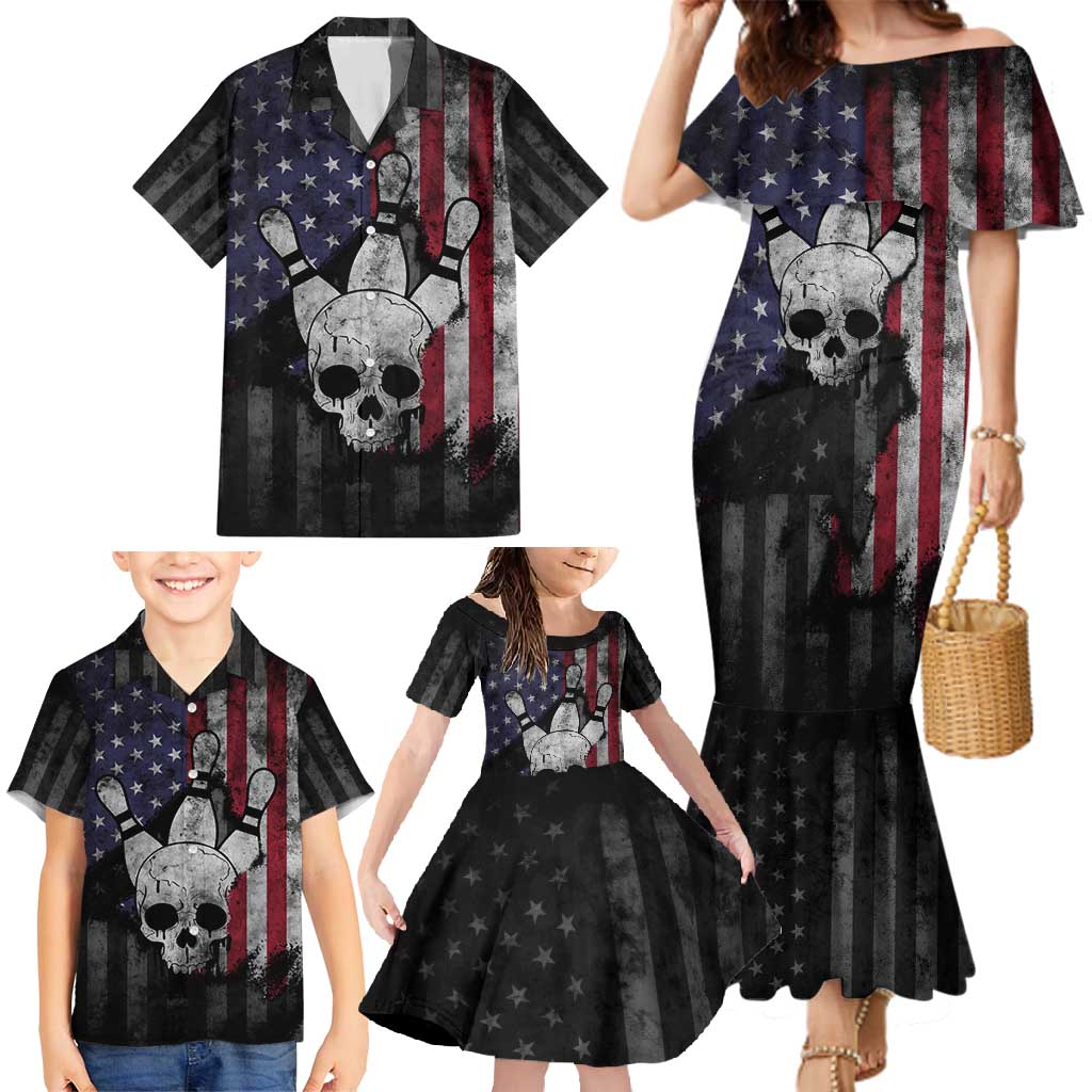 Personalized Skull Bowling Family Matching Mermaid Dress and Hawaiian Shirt Distressed American Flag in Dark Grunge Design - Wonder Print Shop