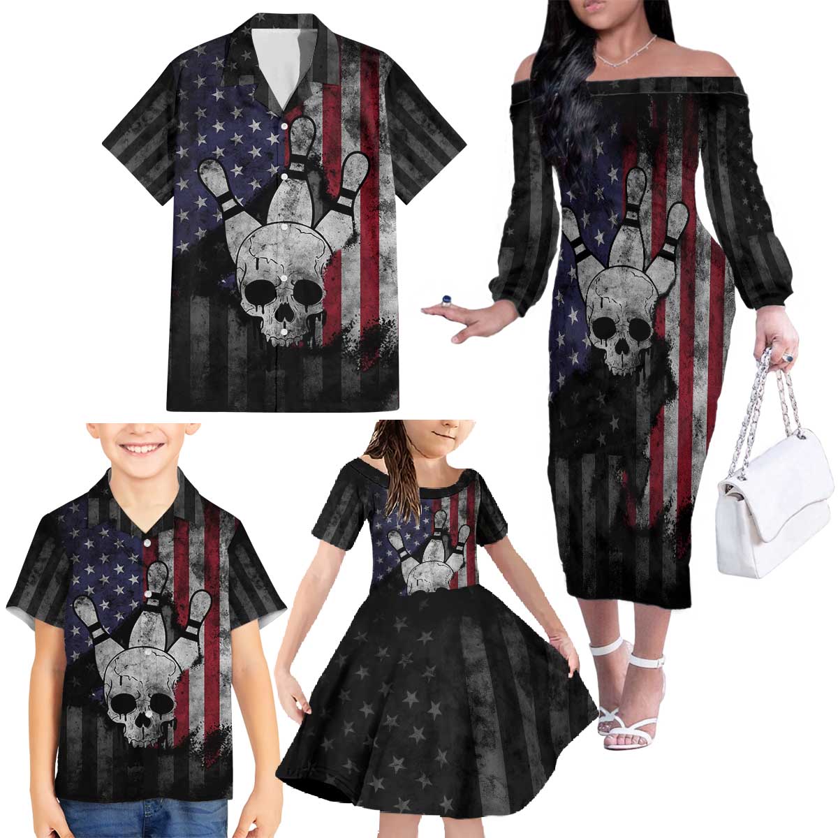 Personalized Skull Bowling Family Matching Off The Shoulder Long Sleeve Dress and Hawaiian Shirt Distressed American Flag in Dark Grunge Design - Wonder Print Shop