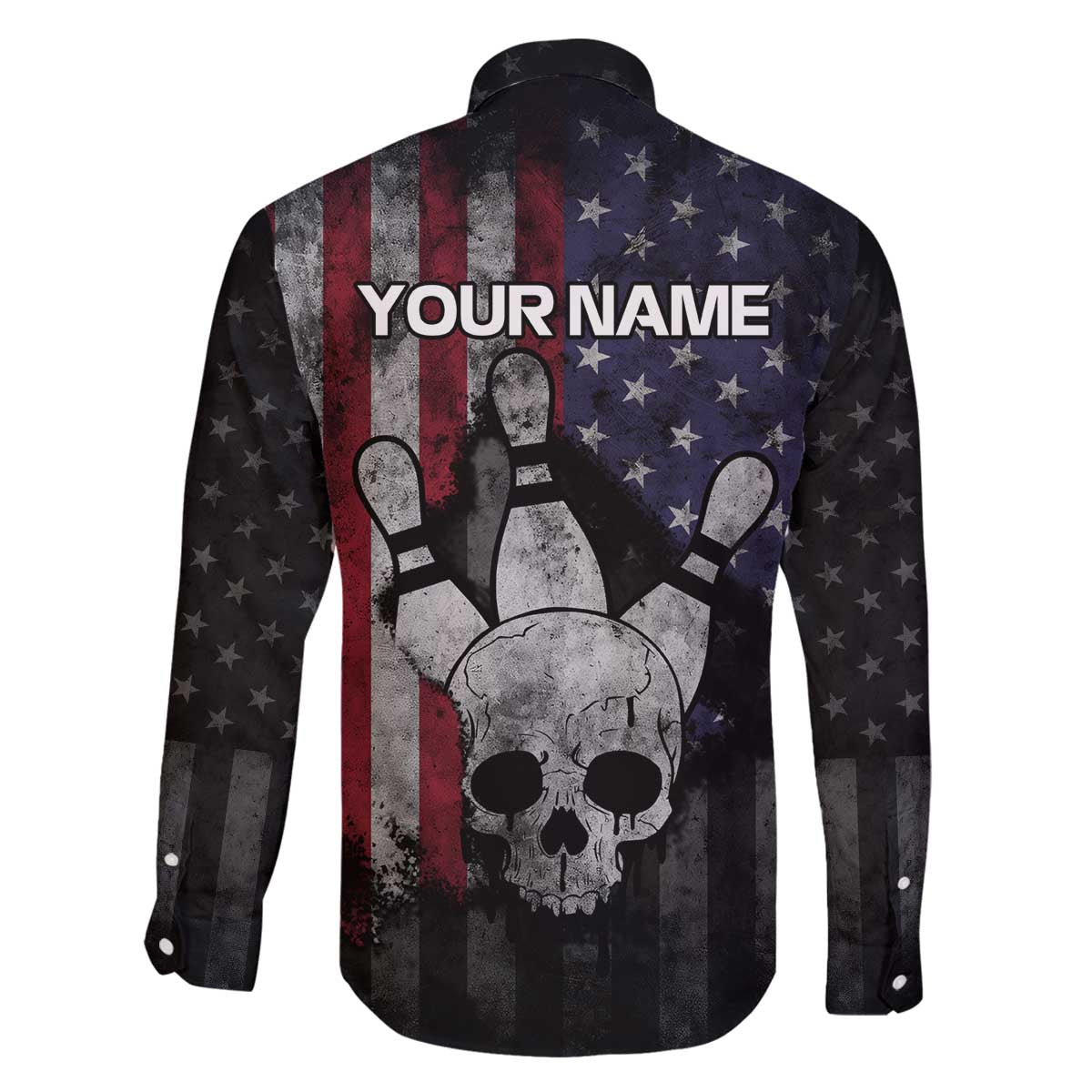 Personalized Skull Bowling Family Matching Off The Shoulder Long Sleeve Dress and Hawaiian Shirt Distressed American Flag in Dark Grunge Design - Wonder Print Shop