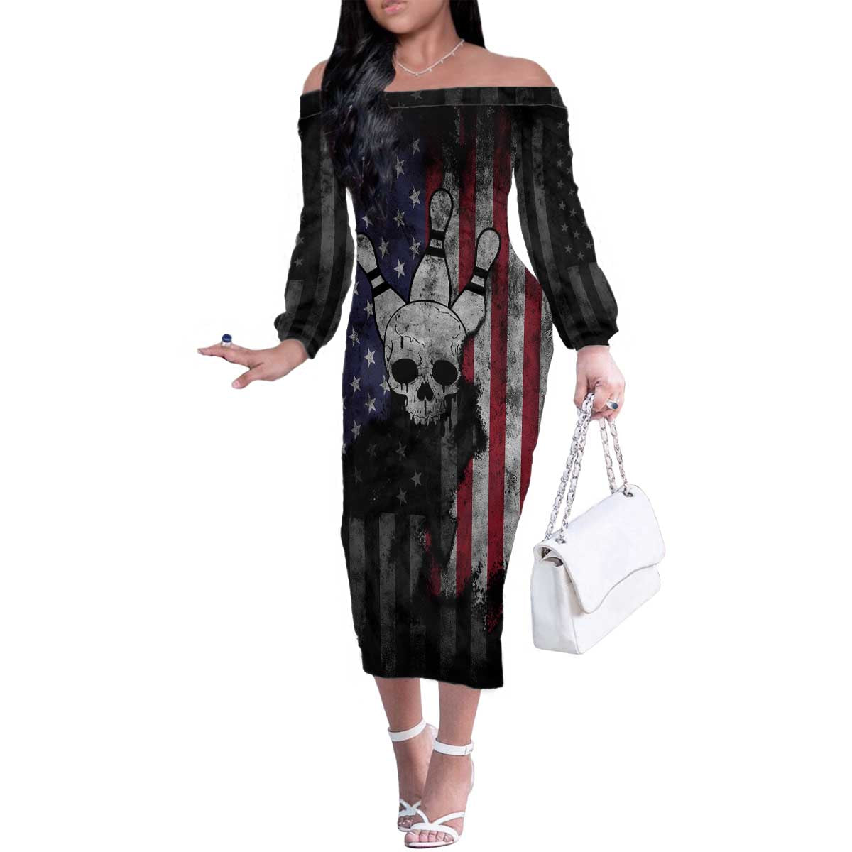 Personalized Skull Bowling Family Matching Off The Shoulder Long Sleeve Dress and Hawaiian Shirt Distressed American Flag in Dark Grunge Design - Wonder Print Shop