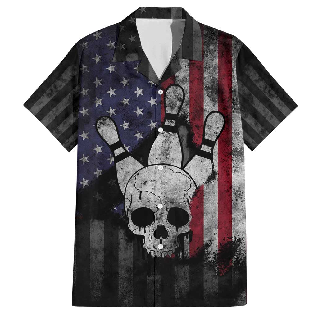 Personalized Skull Bowling Family Matching Off Shoulder Maxi Dress and Hawaiian Shirt Distressed American Flag in Dark Grunge Design - Wonder Print Shop