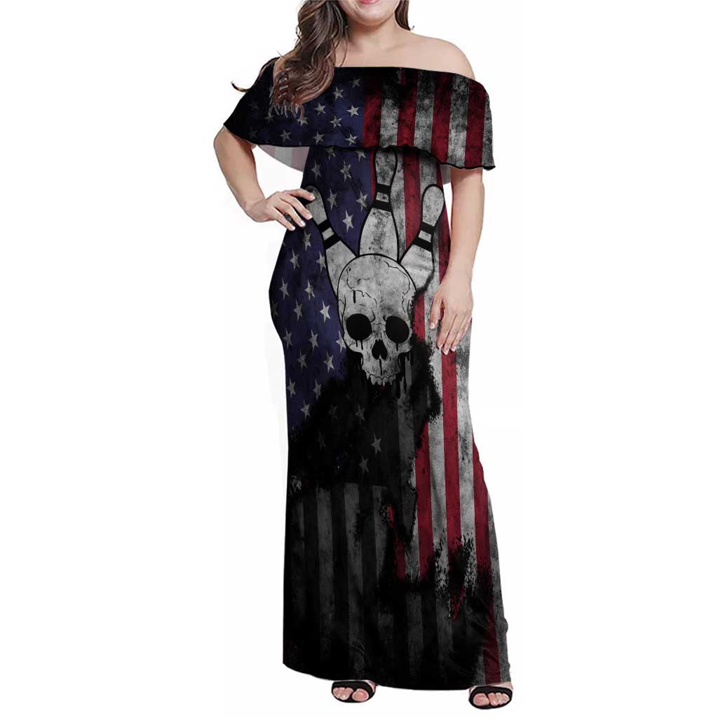 Personalized Skull Bowling Family Matching Off Shoulder Maxi Dress and Hawaiian Shirt Distressed American Flag in Dark Grunge Design - Wonder Print Shop