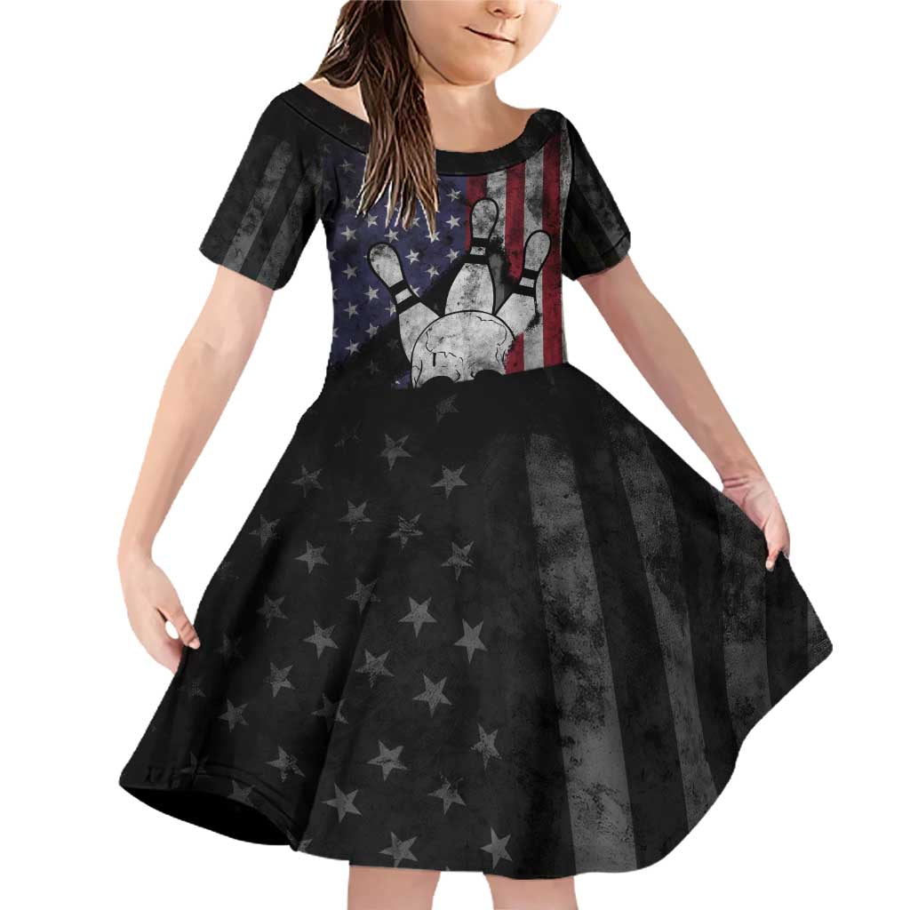 Personalized Skull Bowling Family Matching Off Shoulder Short Dress and Hawaiian Shirt Distressed American Flag in Dark Grunge Design - Wonder Print Shop