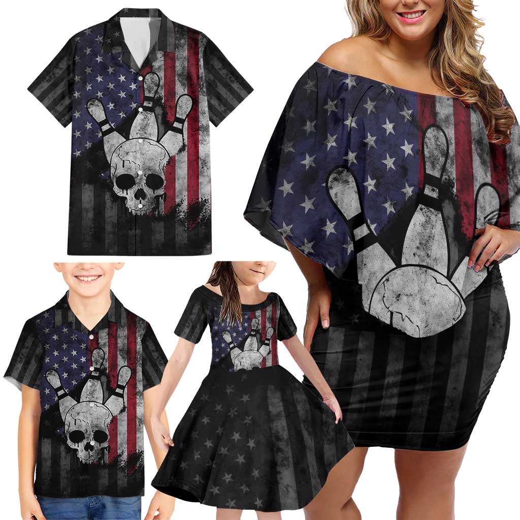 Personalized Skull Bowling Family Matching Off Shoulder Short Dress and Hawaiian Shirt Distressed American Flag in Dark Grunge Design - Wonder Print Shop