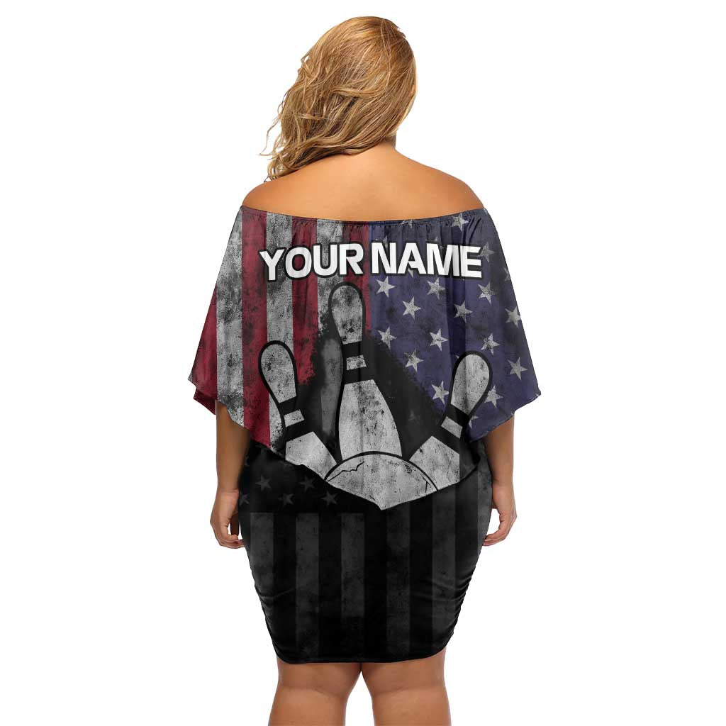 Personalized Skull Bowling Family Matching Off Shoulder Short Dress and Hawaiian Shirt Distressed American Flag in Dark Grunge Design - Wonder Print Shop