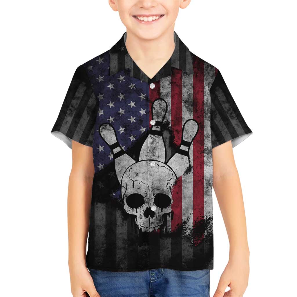 Personalized Skull Bowling Family Matching Off Shoulder Short Dress and Hawaiian Shirt Distressed American Flag in Dark Grunge Design - Wonder Print Shop