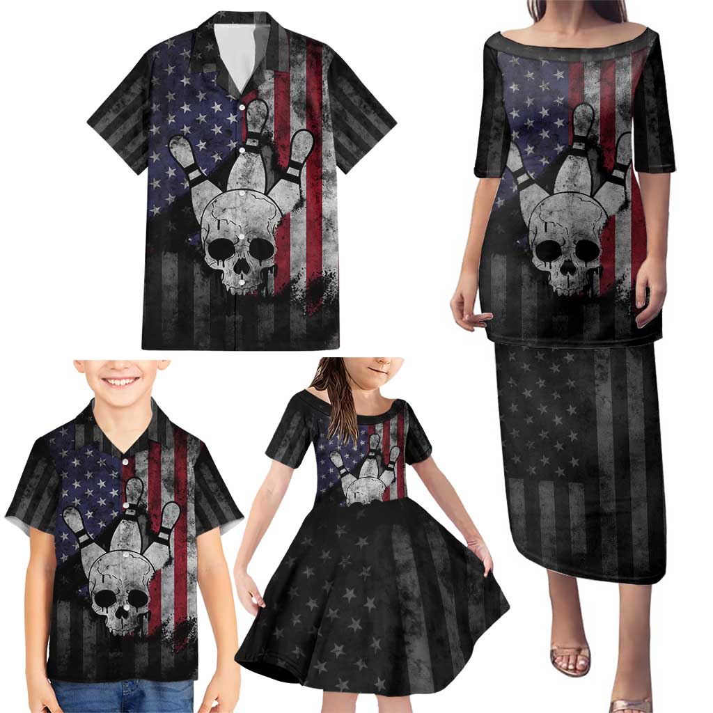 Personalized Skull Bowling Family Matching Puletasi and Hawaiian Shirt Distressed American Flag in Dark Grunge Design - Wonder Print Shop