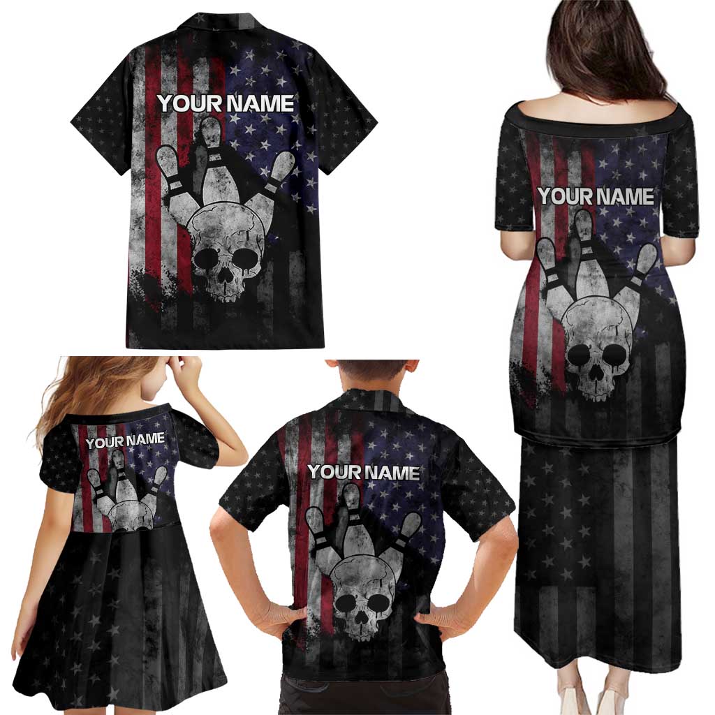 Personalized Skull Bowling Family Matching Puletasi and Hawaiian Shirt Distressed American Flag in Dark Grunge Design - Wonder Print Shop