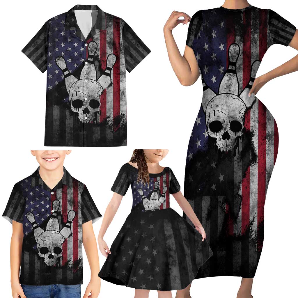 Personalized Skull Bowling Family Matching Short Sleeve Bodycon Dress and Hawaiian Shirt Distressed American Flag in Dark Grunge Design - Wonder Print Shop