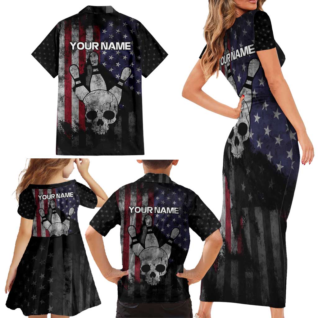 Personalized Skull Bowling Family Matching Short Sleeve Bodycon Dress and Hawaiian Shirt Distressed American Flag in Dark Grunge Design - Wonder Print Shop