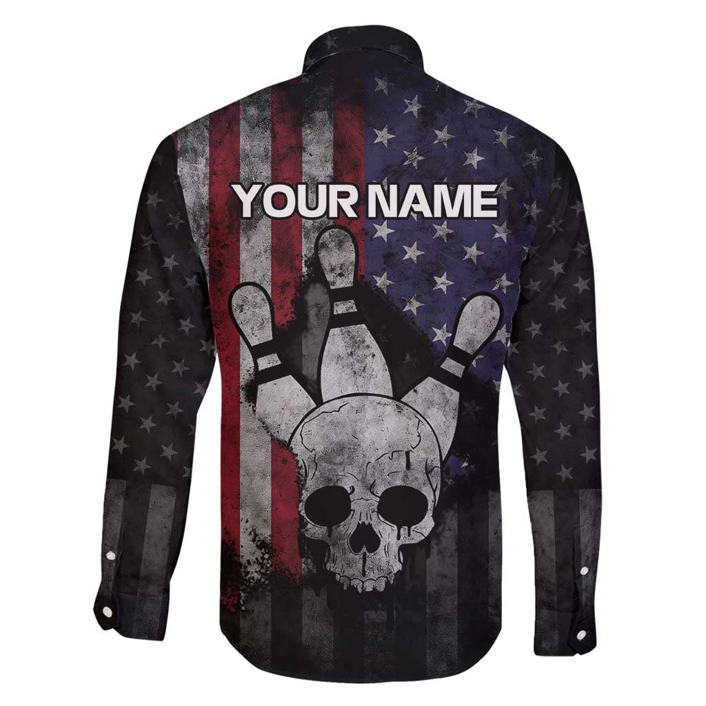 Personalized Skull Bowling Family Matching Short Sleeve Bodycon Dress and Hawaiian Shirt Distressed American Flag in Dark Grunge Design - Wonder Print Shop