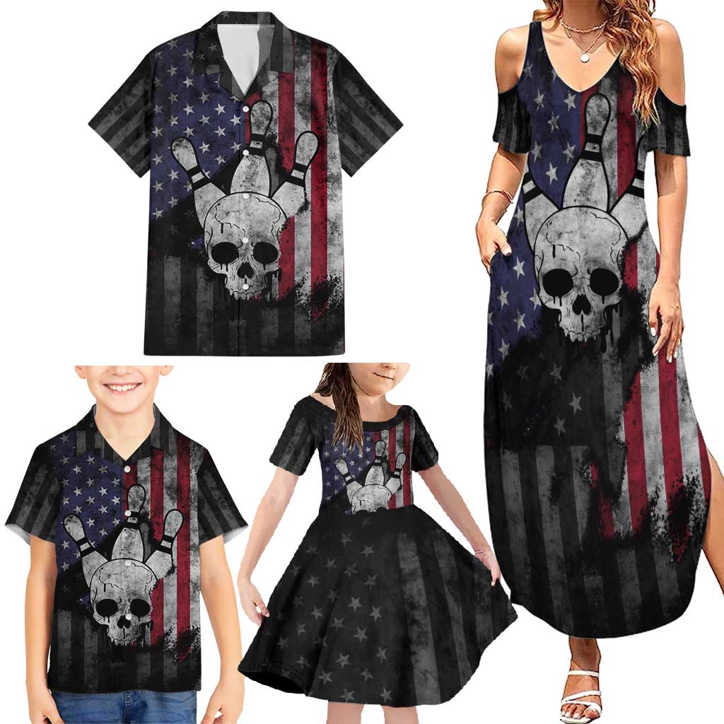 Personalized Skull Bowling Family Matching Summer Maxi Dress and Hawaiian Shirt Distressed American Flag in Dark Grunge Design - Wonder Print Shop