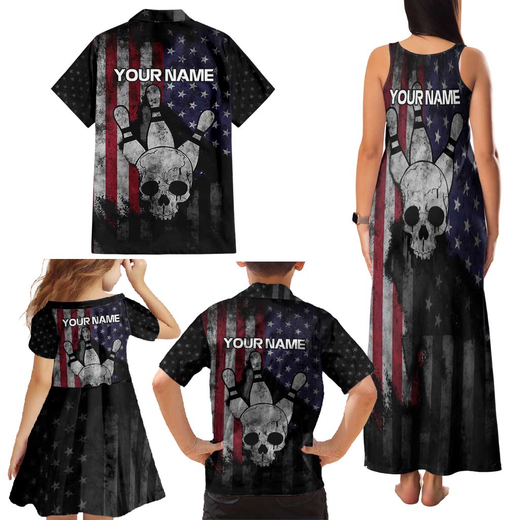 Personalized Skull Bowling Family Matching Tank Maxi Dress and Hawaiian Shirt Distressed American Flag in Dark Grunge Design - Wonder Print Shop