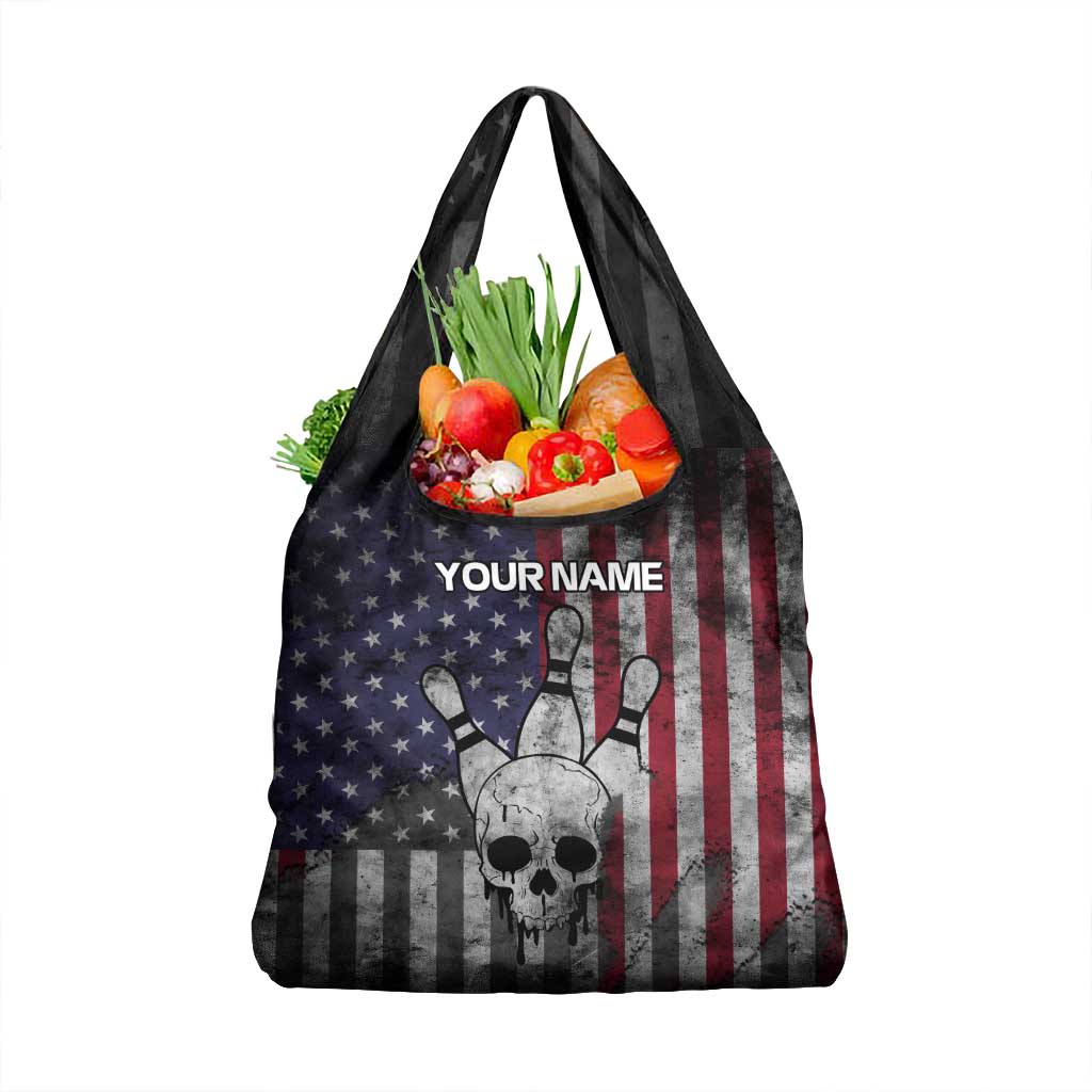 Personalized Skull Bowling Grocery Bag Distressed American Flag in Dark Grunge Design - Wonder Print Shop