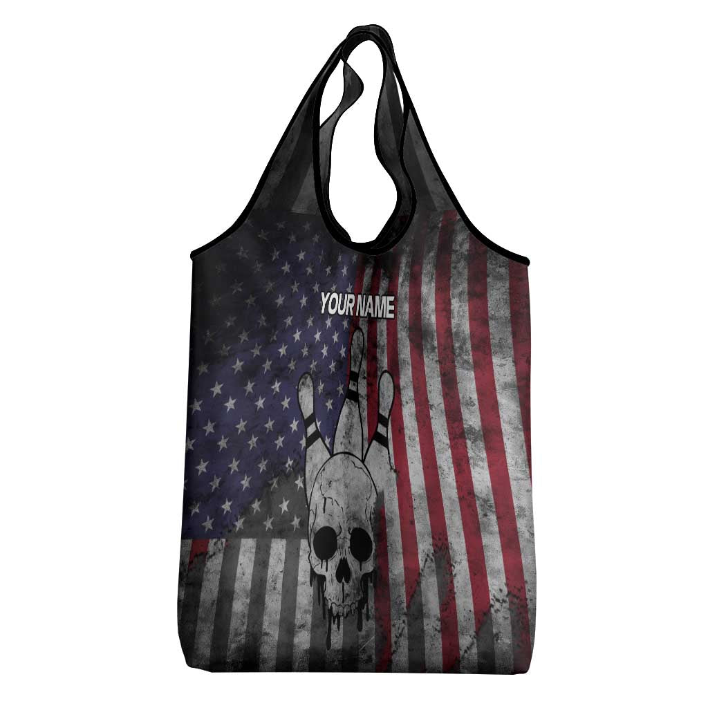 Personalized Skull Bowling Grocery Bag Distressed American Flag in Dark Grunge Design - Wonder Print Shop