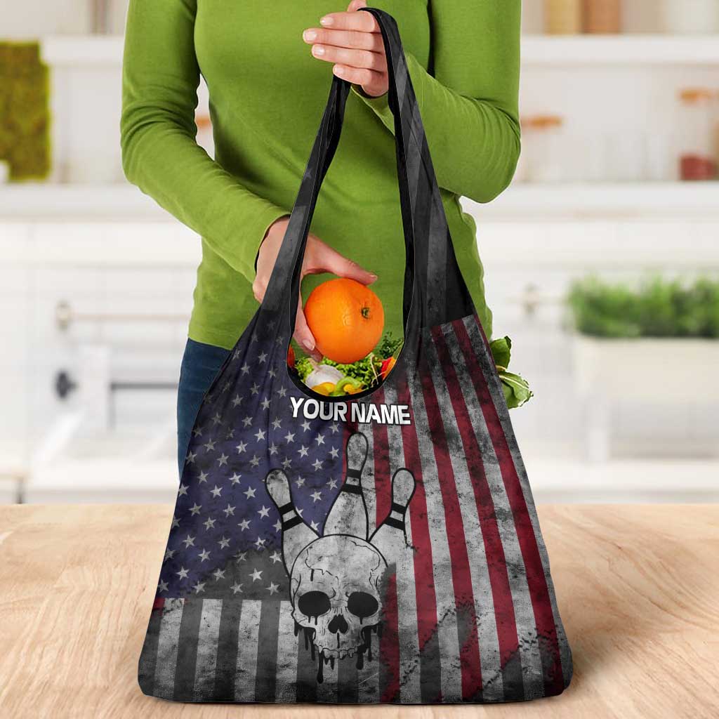 Personalized Skull Bowling Grocery Bag Distressed American Flag in Dark Grunge Design - Wonder Print Shop