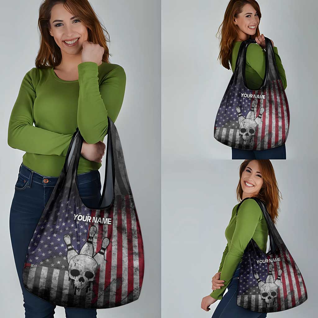 Personalized Skull Bowling Grocery Bag Distressed American Flag in Dark Grunge Design - Wonder Print Shop