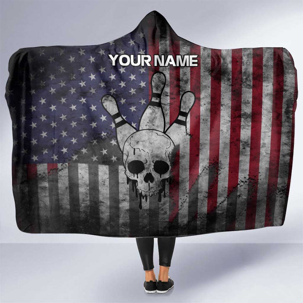 Personalized Skull Bowling Hooded Blanket Distressed American Flag in Dark Grunge Design - Wonder Print Shop