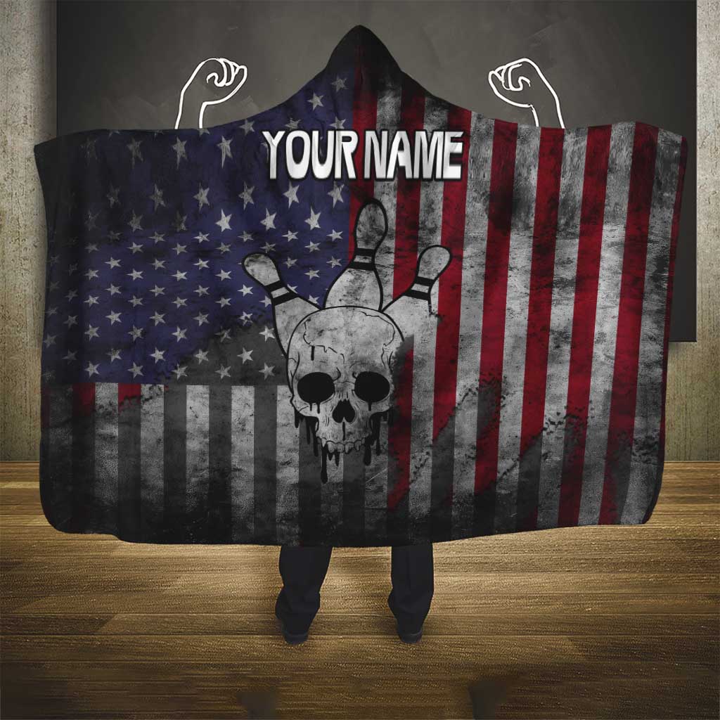 Personalized Skull Bowling Hooded Blanket Distressed American Flag in Dark Grunge Design - Wonder Print Shop