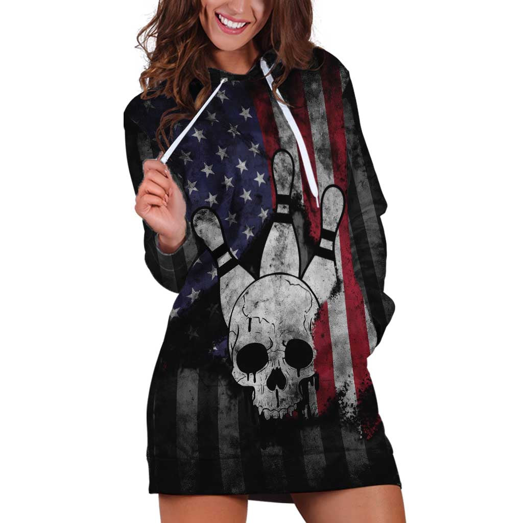 Personalized Skull Bowling Hoodie Dress Distressed American Flag in Dark Grunge Design - Wonder Print Shop