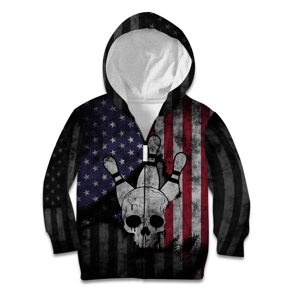 Personalized Skull Bowling Kid Hoodie Distressed American Flag in Dark Grunge Design - Wonder Print Shop