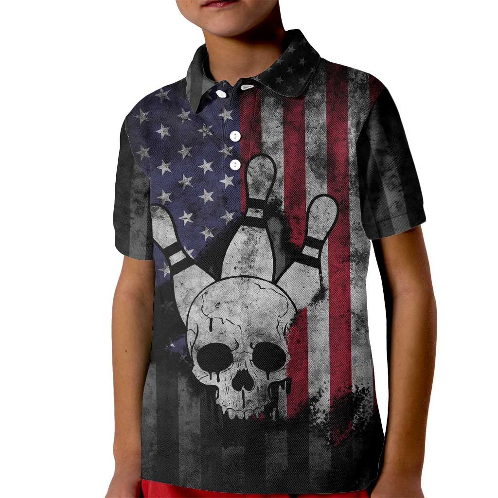 Personalized Skull Bowling Kid Polo Shirt Distressed American Flag in Dark Grunge Design - Wonder Print Shop