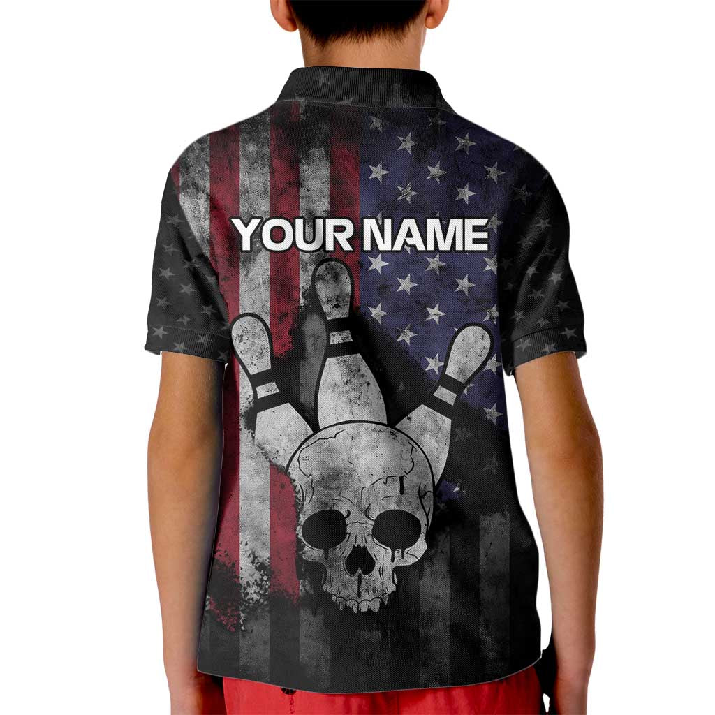 Personalized Skull Bowling Kid Polo Shirt Distressed American Flag in Dark Grunge Design - Wonder Print Shop
