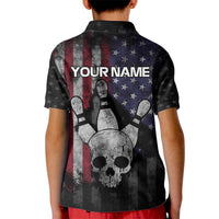 Personalized Skull Bowling Kid Polo Shirt Distressed American Flag in Dark Grunge Design - Wonder Print Shop