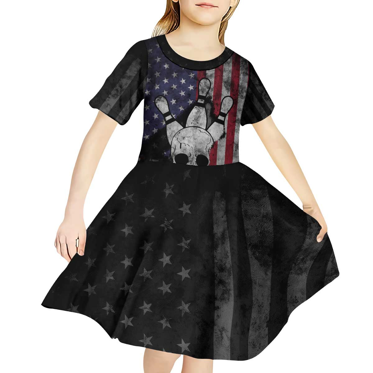 Personalized Skull Bowling Kid Short Sleeve Dress Distressed American Flag in Dark Grunge Design - Wonder Print Shop