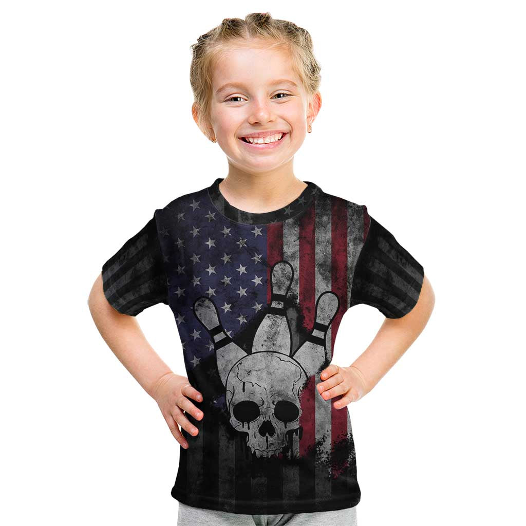 Personalized Skull Bowling Kid T Shirt Distressed American Flag in Dark Grunge Design - Wonder Print Shop