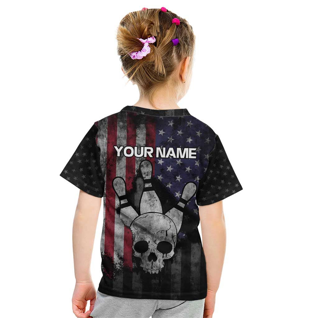 Personalized Skull Bowling Kid T Shirt Distressed American Flag in Dark Grunge Design - Wonder Print Shop