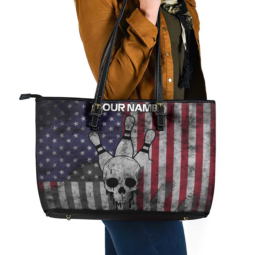Personalized Skull Bowling Leather Tote Bag Distressed American Flag in Dark Grunge Design - Wonder Print Shop