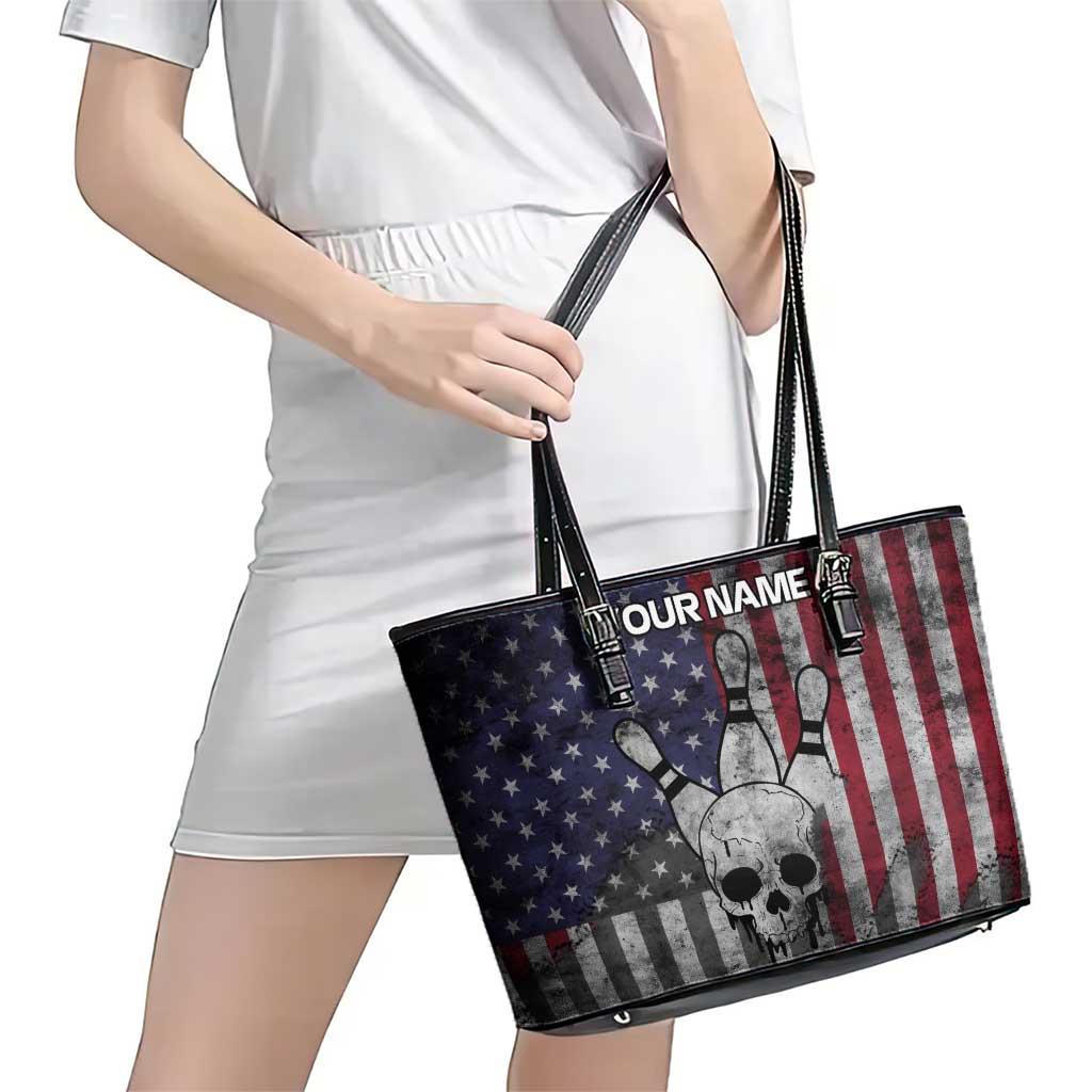 Personalized Skull Bowling Leather Tote Bag Distressed American Flag in Dark Grunge Design - Wonder Print Shop