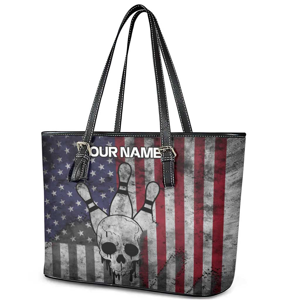 Personalized Skull Bowling Leather Tote Bag Distressed American Flag in Dark Grunge Design - Wonder Print Shop