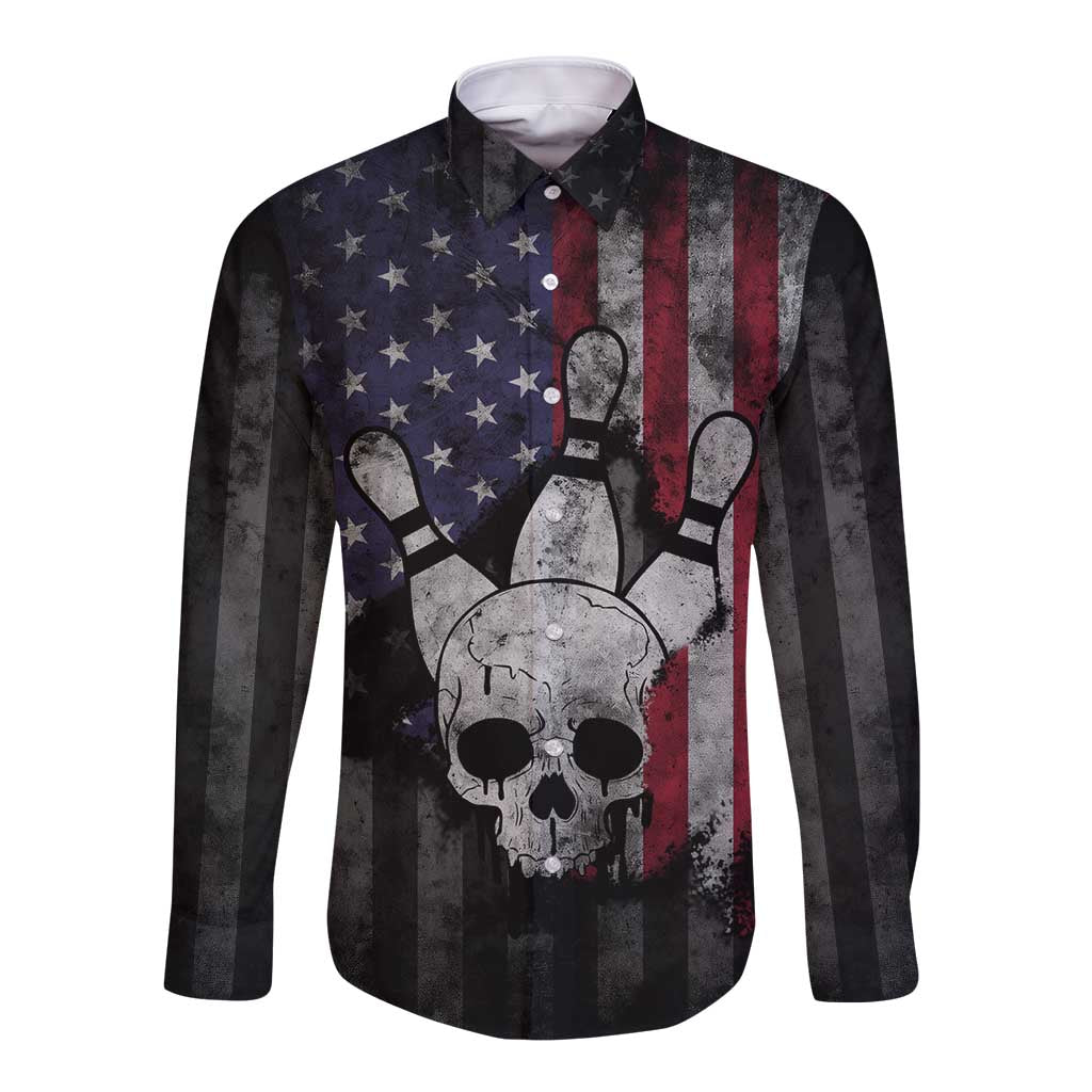 Personalized Skull Bowling Long Sleeve Button Shirt Distressed American Flag in Dark Grunge Design - Wonder Print Shop