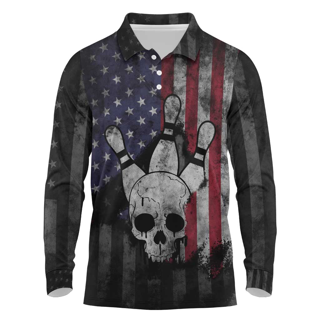 Personalized Skull Bowling Long Sleeve Polo Shirt Distressed American Flag in Dark Grunge Design - Wonder Print Shop