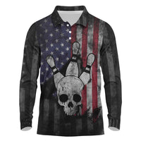 Personalized Skull Bowling Long Sleeve Polo Shirt Distressed American Flag in Dark Grunge Design - Wonder Print Shop