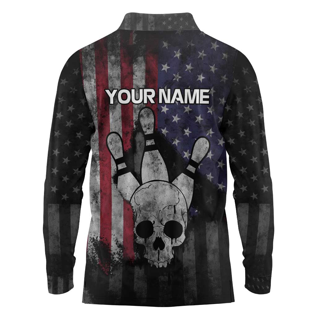 Personalized Skull Bowling Long Sleeve Polo Shirt Distressed American Flag in Dark Grunge Design - Wonder Print Shop