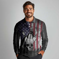 Personalized Skull Bowling Long Sleeve Polo Shirt Distressed American Flag in Dark Grunge Design - Wonder Print Shop