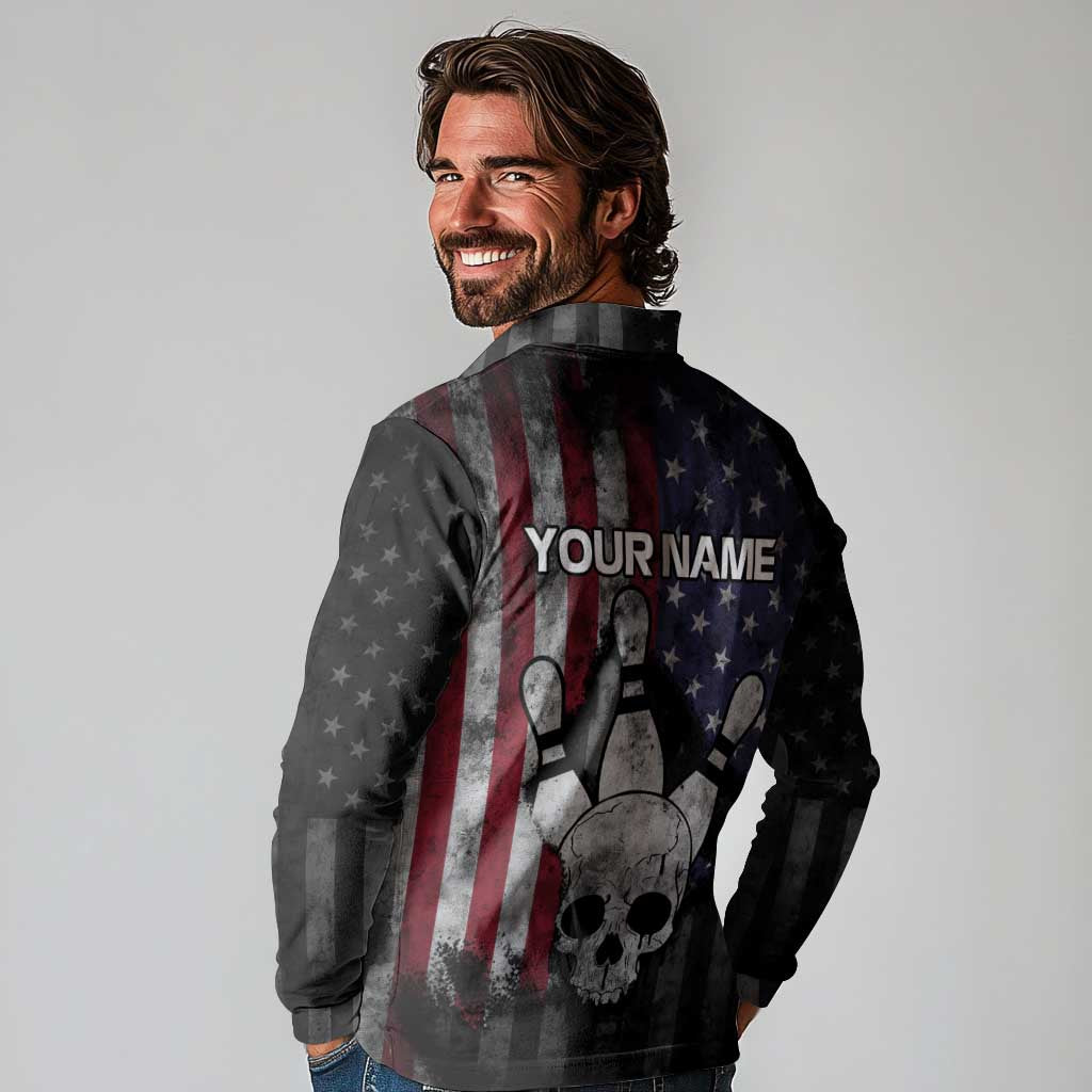 Personalized Skull Bowling Long Sleeve Polo Shirt Distressed American Flag in Dark Grunge Design - Wonder Print Shop