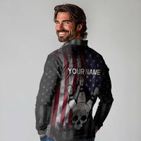 Personalized Skull Bowling Long Sleeve Polo Shirt Distressed American Flag in Dark Grunge Design - Wonder Print Shop
