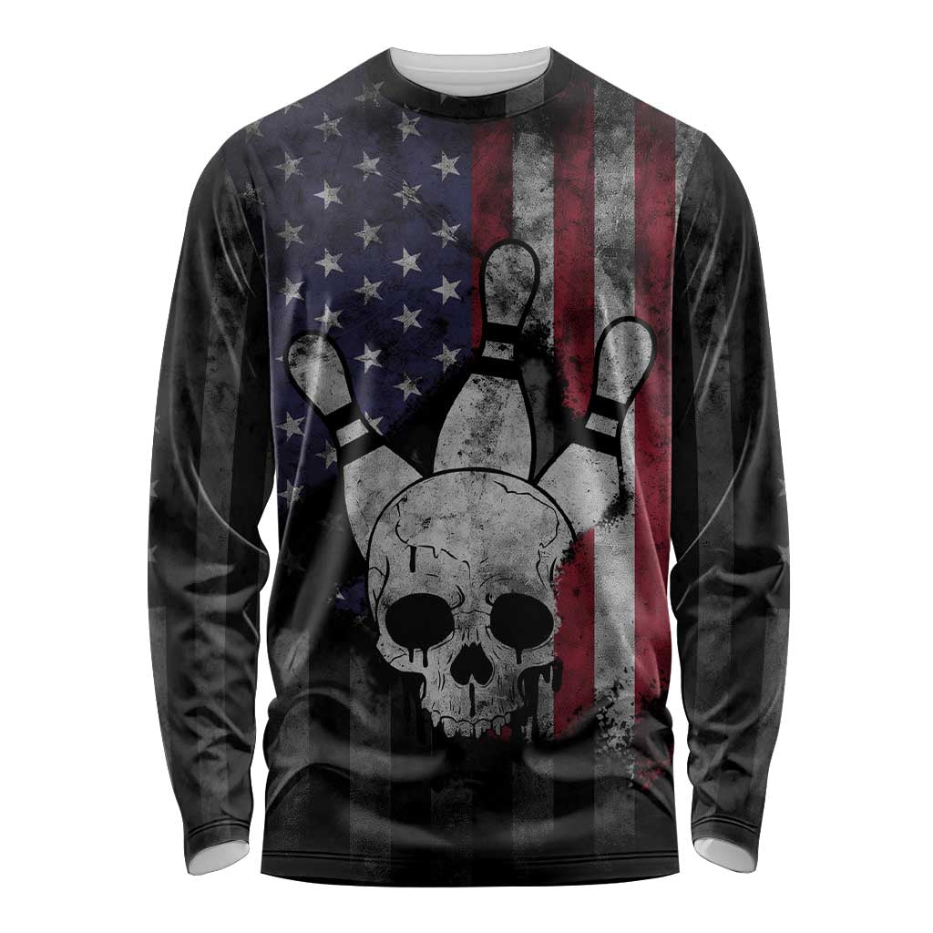 Personalized Skull Bowling Long Sleeve Shirt Distressed American Flag in Dark Grunge Design - Wonder Print Shop