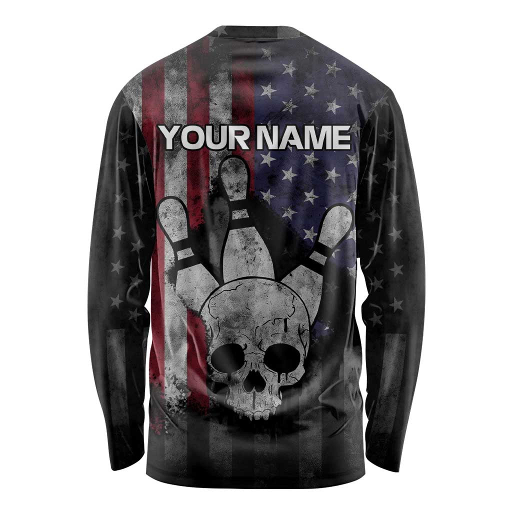Personalized Skull Bowling Long Sleeve Shirt Distressed American Flag in Dark Grunge Design - Wonder Print Shop